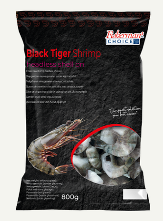 Krewetka Black Tiger 4/6 bez głowy w pancerzu, IQF 80%, 10 x 800g BOX