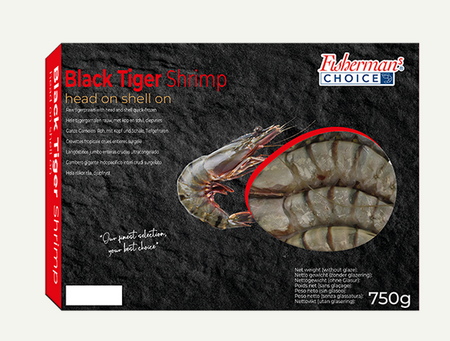 Krewetka Black Tiger HOSO U5 cała i oczyszczona z głową, IQF 75%, 10 x 750g BOX 